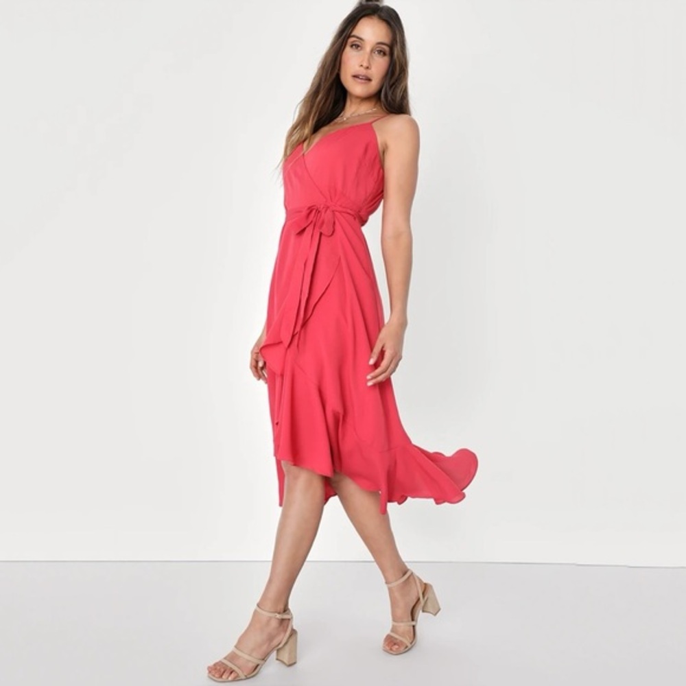 Lulus Manhattan Moment Berry Pink Ruffled Midi Wrap Dress